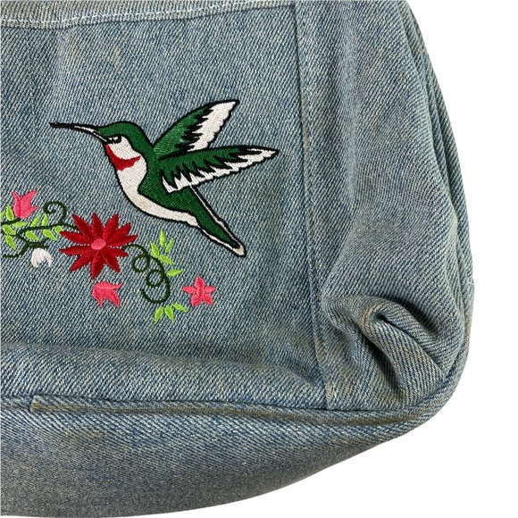 Vintage Cottagecore Mushroomcore Embroidered Denim Hummingbird Floral Handbag BL - Picture 3 of 15